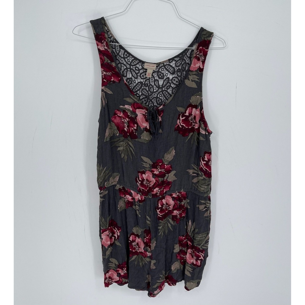 Cape Juby Women's Gray Floral Lace-Back Tassel Sleeveless Boho Romper Size XL